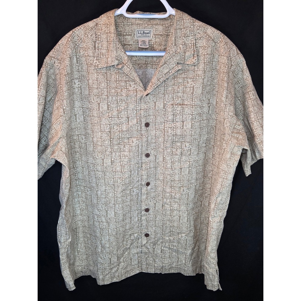 LL Bean Men's Large Tan Mayan Aztec Calendar Print Cotton Short Sleeve Shirt‎ L